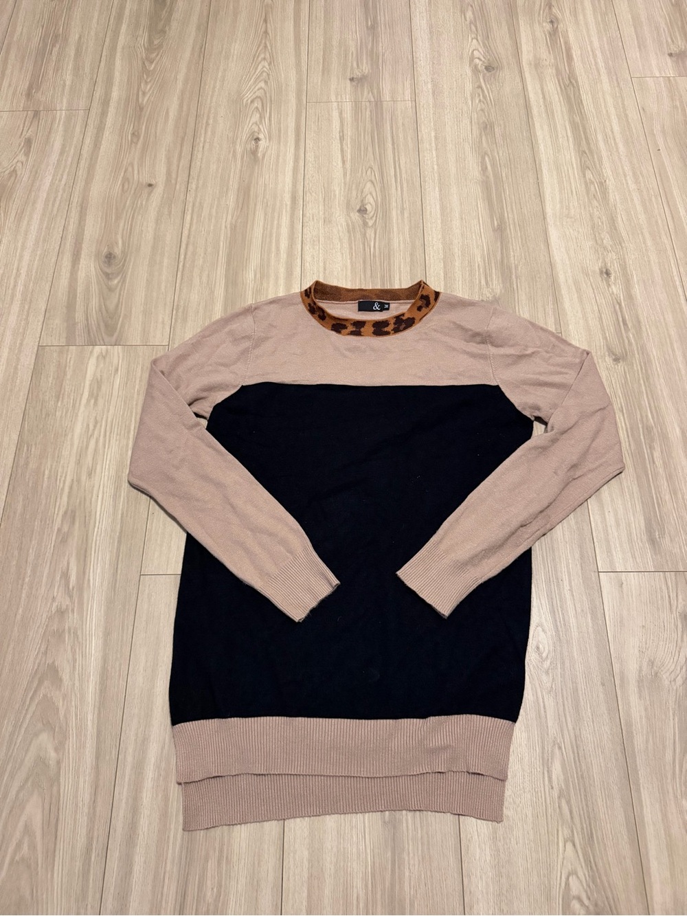 Women’s Two-Tone Black and Beige Crewneck Sweater with Leopard Trim